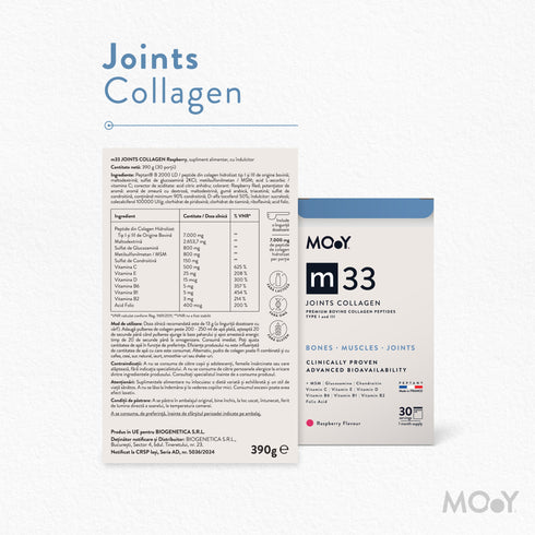 m33 Colagen hidrolizat bovin premium, dovedit clinic, articulatii, 7.000mg tip I si III, aroma zmeura, 30 portii, 390 g, Molecules of Youth, natural